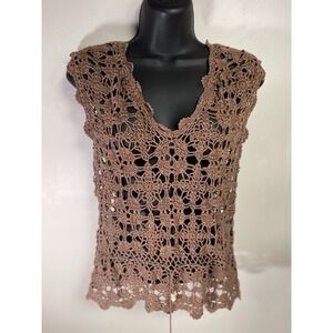 Vintage Brown Crochet Cinch Waist Top Fairy Whimsigoth Women's Size Small *flaw